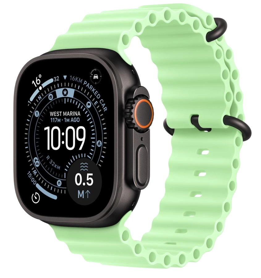 Apple Watch Ultra 3 — чёрный титан, ремешок Ocean Band Neon Green